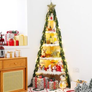 5ft 6-Tier Christmas Tree Corner Shelf with Snow Blanket, Pine Garland, and String Lights for Holiday Display and Decor