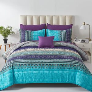 8-Piece Queen Comforter Set with Bohemian Striped, Aqua Paisley, and Floral Design, Soft Microfiber Bedding for All Seasons