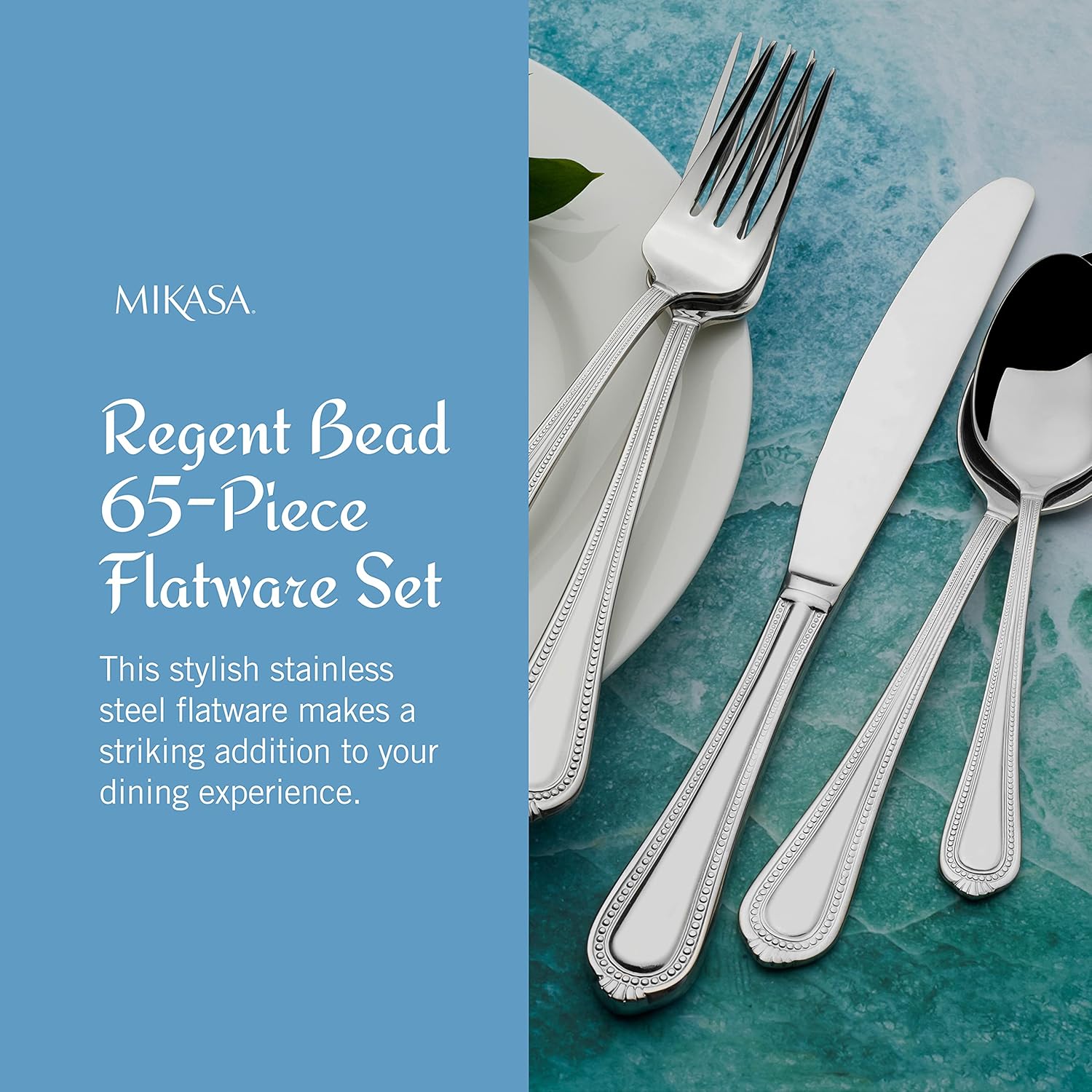 65-Piece 18/10 Stainless Steel Flatware Set for 12, Classic Beaded Edge Silverware with Full Service and Serving Utensils - Image 3