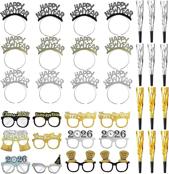 39 Pieces New Years Eve Party Supplies 2026,Happy New Year Headband Tiara, New Year Glasses 2026