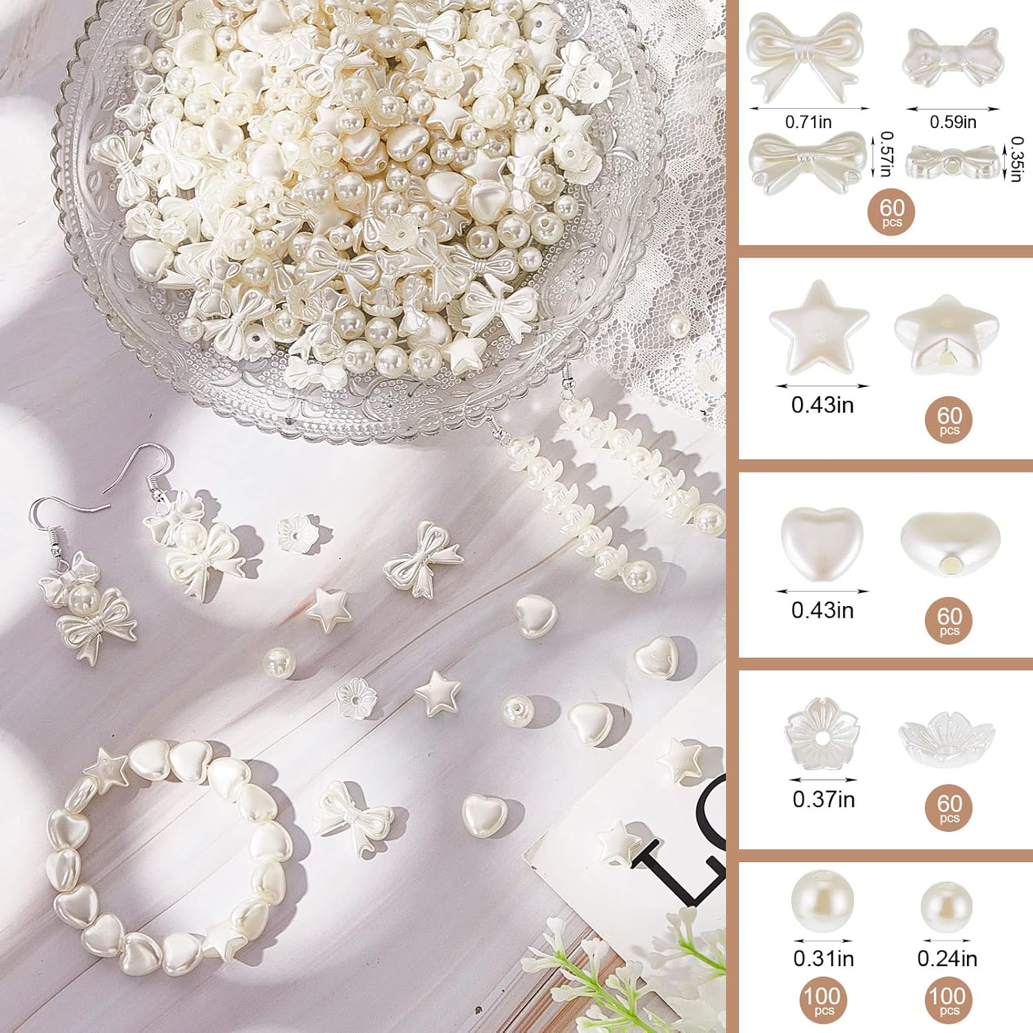 500-Piece White Imitation Pearl Beads Set with Stars, Hearts, Bows, Flowers for DIY Jewelry and Crafts - Image 4