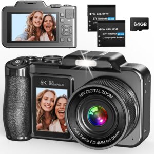 5K 80MP Dual Screen Digital Camera with 18X Zoom, Autofocus, 64GB Card and 2 Batteries (Black)