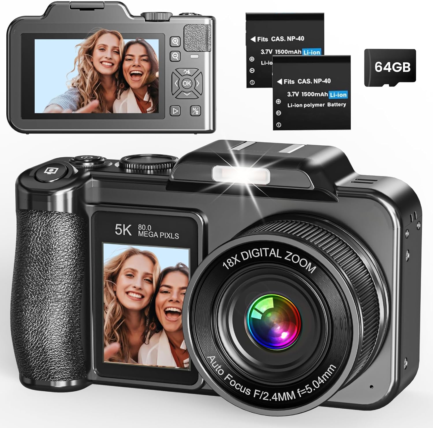 5K 80MP Dual Screen Digital Camera with 18X Zoom, Autofocus, 64GB Card and 2 Batteries (Black)