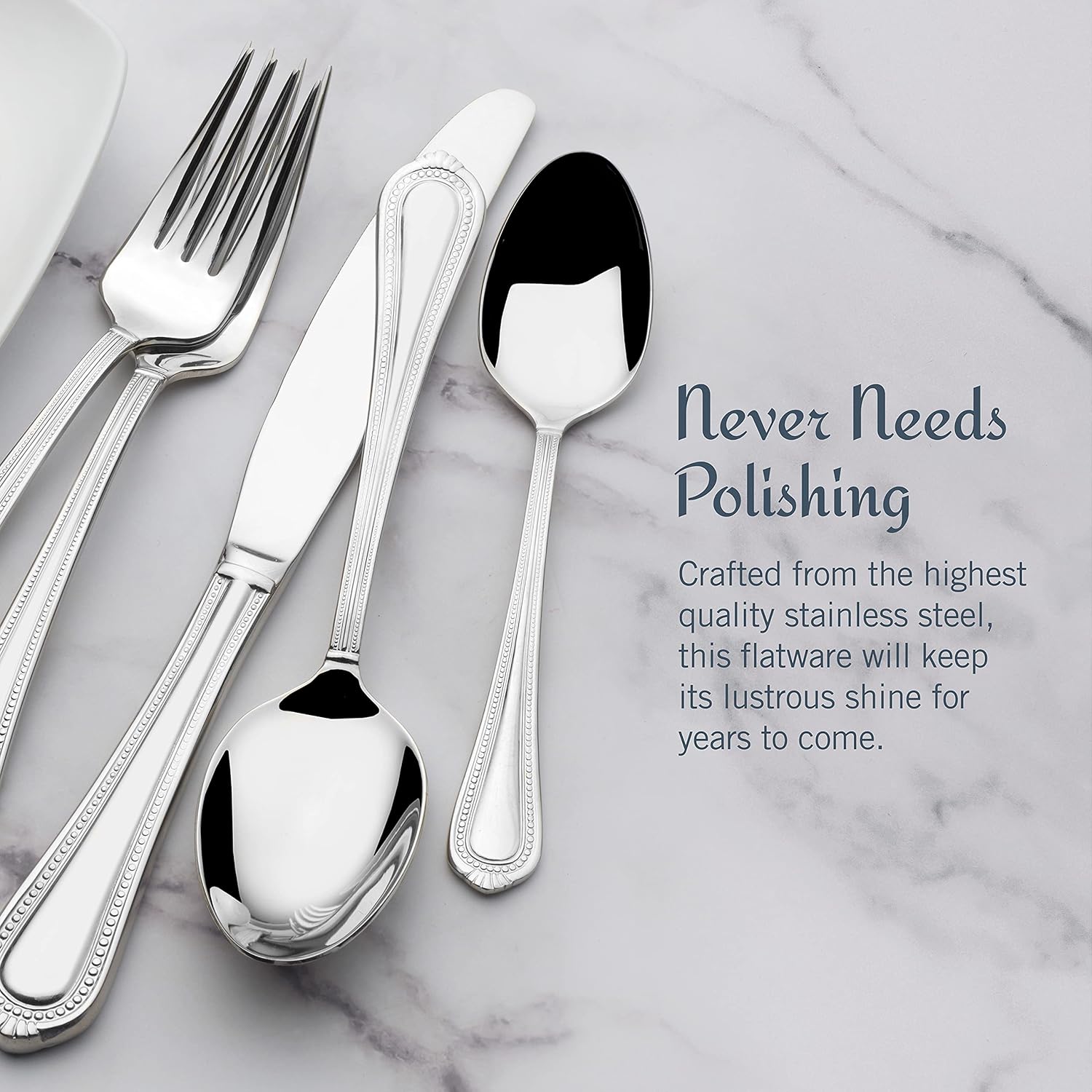 65-Piece 18/10 Stainless Steel Flatware Set for 12, Classic Beaded Edge Silverware with Full Service and Serving Utensils - Image 4