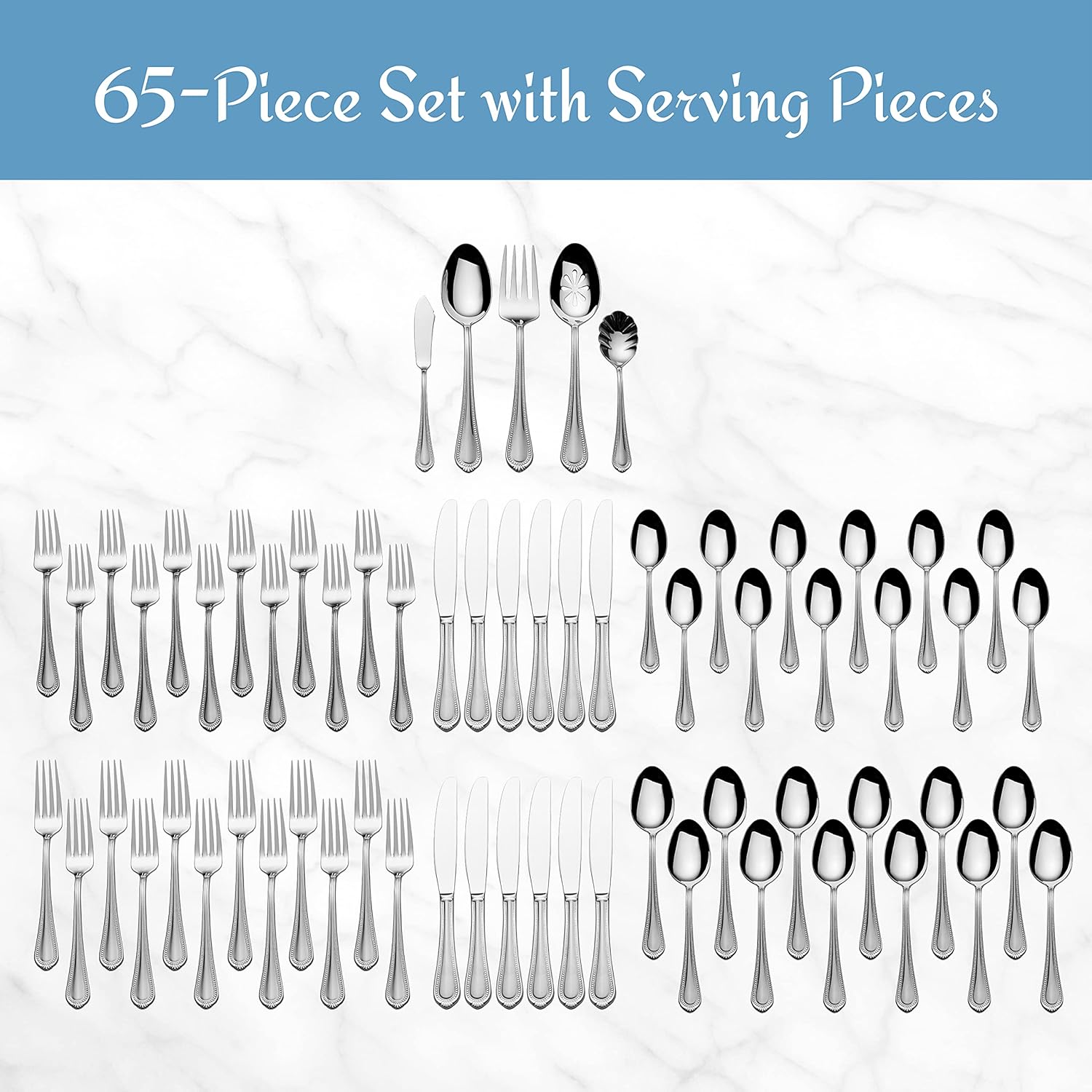 65-Piece 18/10 Stainless Steel Flatware Set for 12, Classic Beaded Edge Silverware with Full Service and Serving Utensils - Image 2
