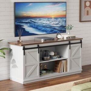 Farmhouse TV Stand up to 65 Inches with Sliding Barn Doors and Storage Cabinets (Milk White)