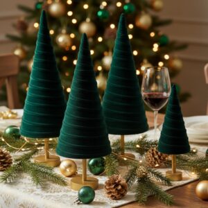4-Pack Green Velvet Christmas Cone Trees with Gold Pedestals, Modern Rustic Mantel or Table Centerpiece Decor