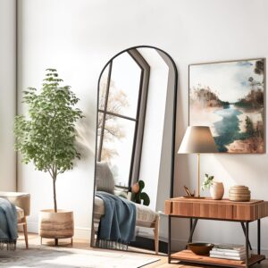 56"×19" Arched Full-Length Mirror with Stand, Aluminum Frame, Free Standing or Wall-Mounted (Black)