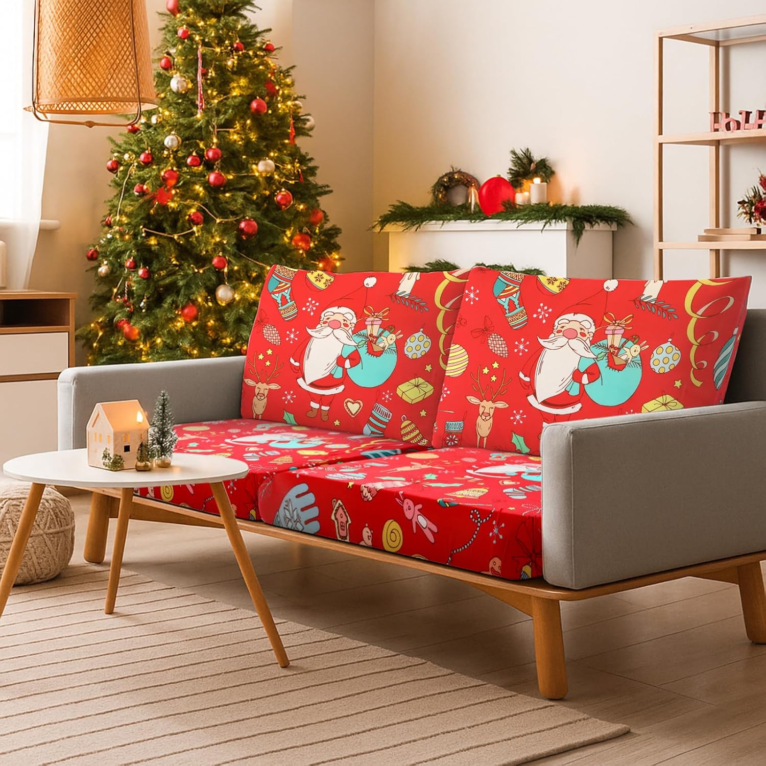 8-Pack Christmas Santa Claus Stretch Sofa Cushion Covers with Elastic Buckles for Indoor Home Decor