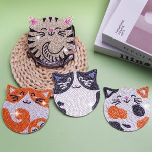 6-Piece Cat Diamond Painting Coaster Kit with Holder for DIY Crafts and Adults