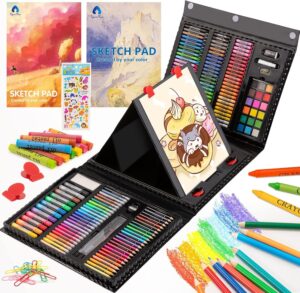 240-Piece Art Drawing Set with Trifold Easel, Sketch Pads, Crayons, and Colored Pencils for Kids and Teens (Black)
