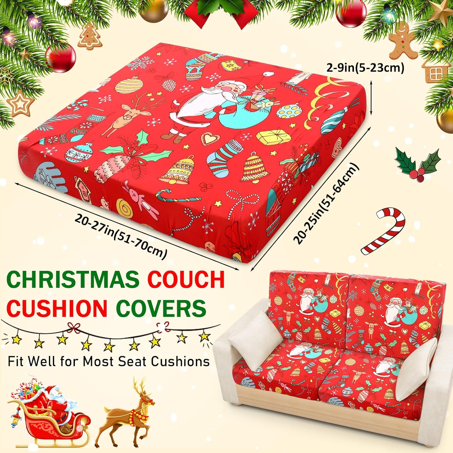 8-Pack Christmas Santa Claus Stretch Sofa Cushion Covers with Elastic Buckles for Indoor Home Decor - Image 3