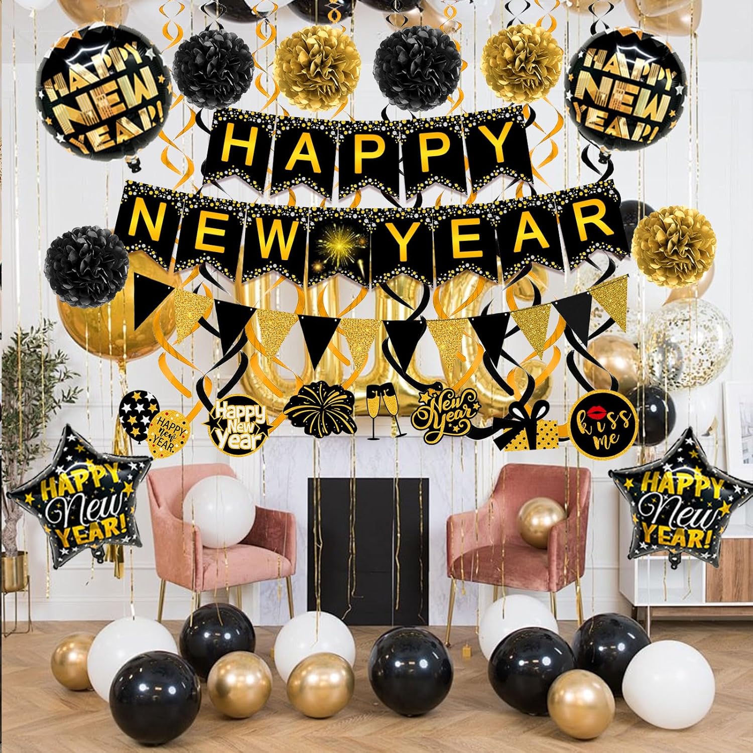 Happy New Year Party Decoration Set with Banner, Flags, Pom Poms, Streamers, and Balloons - Image 2