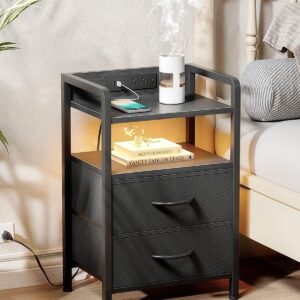 Nightstand with Charging Station, LED Light, Storage Shelf, and Fabric Drawers