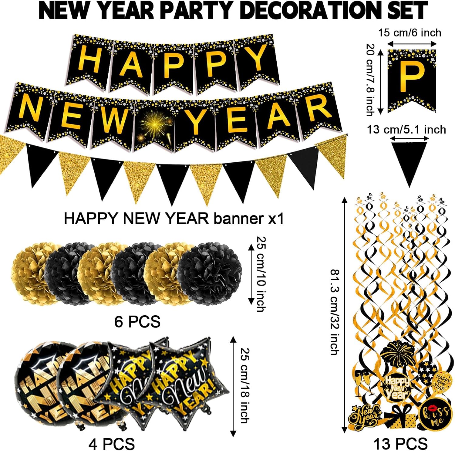 Happy New Year Party Decoration Set with Banner, Flags, Pom Poms, Streamers, and Balloons - Image 5