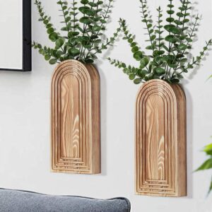 2-Pack Wooden Wall Vases, Modern Farmhouse and Boho Decor for Entryway, Hallway, or Living Room (Brown)