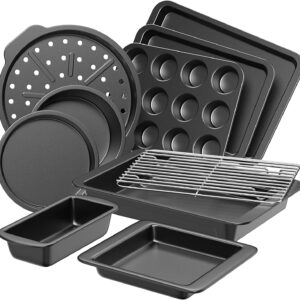 10-Piece Nonstick Baking Pan Set with Wider Grips, Oven Bakeware Including Rack, Cookie Sheet, Cake Pans, Loaf Pan, Muffin Pan, Pizza Pan – Grey