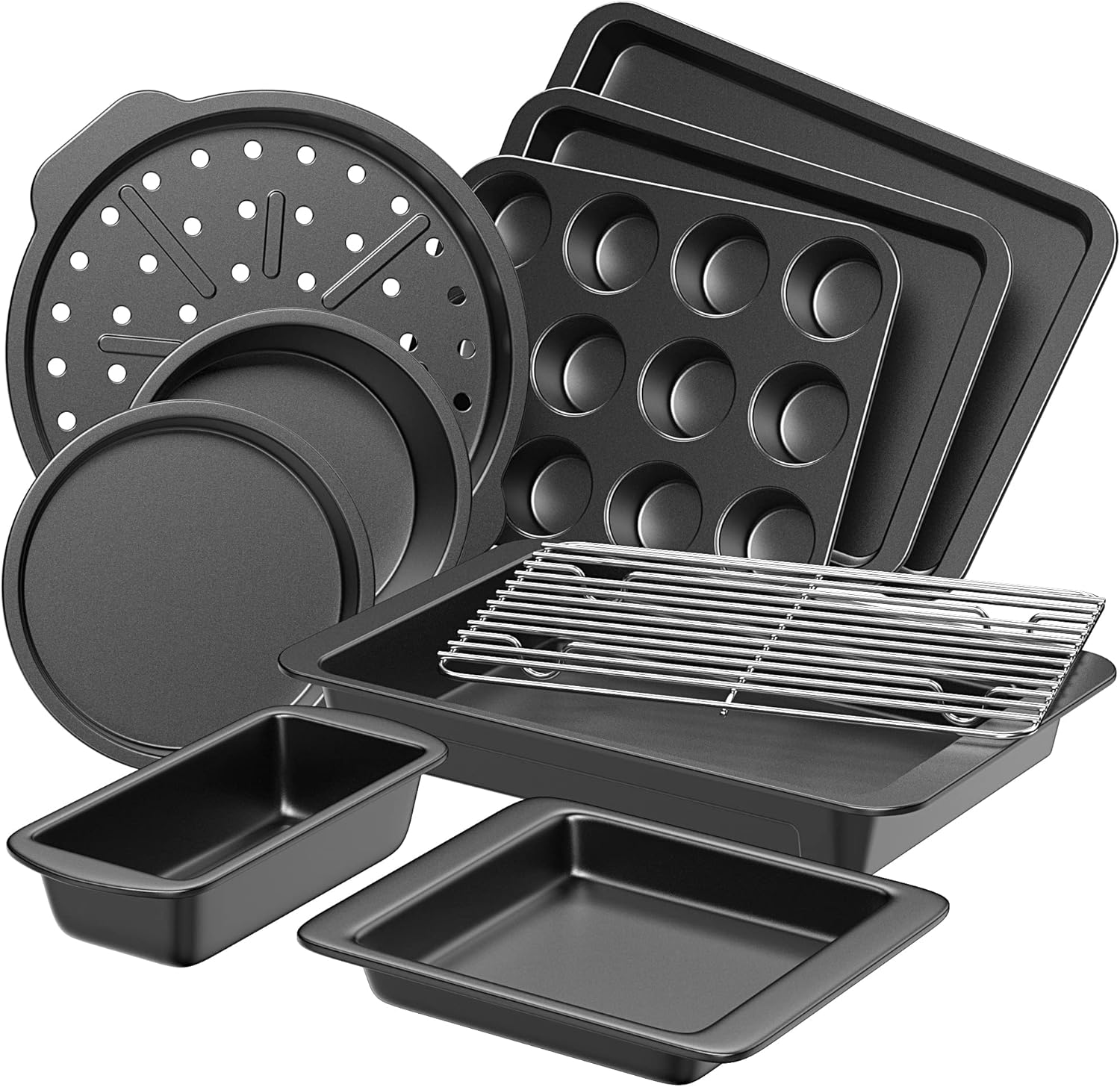 10-Piece Nonstick Baking Pan Set with Wider Grips, Oven Bakeware Including Rack, Cookie Sheet, Cake Pans, Loaf Pan, Muffin Pan, Pizza Pan – Grey