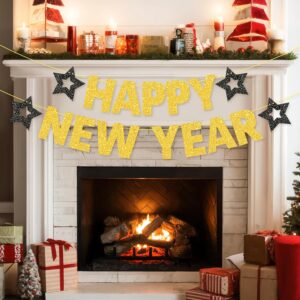 Pre-Strung Happy New Year Banner in Gold Glitter for 2026 Holiday Party Decor