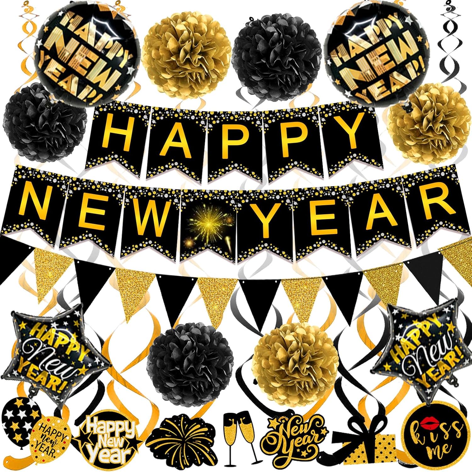 Happy New Year Party Decoration Set with Banner, Flags, Pom Poms, Streamers, and Balloons