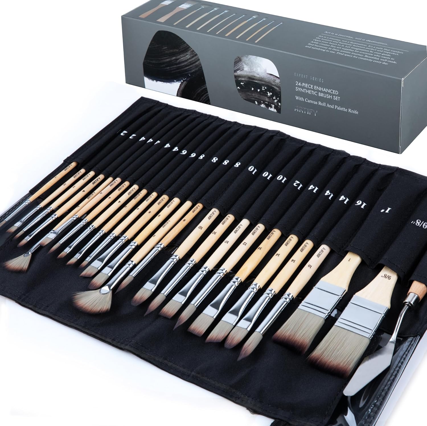 25-Piece Professional Paint Brush Set with Synthetic Nylon Brushes, Roll Case, and Palette Knife