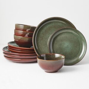 12-Piece Stoneware Dinnerware Set for 4, Reactive Glaze Plates & Bowls, Handmade Ceramic, Chip & Crack Resistant, Brown-Green