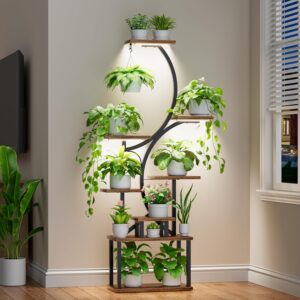 62" Indoor Plant Stand with Grow Lights, 8-Tier S-Shaped Shelf for Flowers and Decorative Plants (Brown)