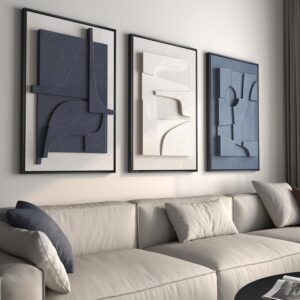 3D Textured Blue & White Abstract Wall Art Set of 3, Modern Geometric Canvas Prints, 24x36 in, Living Room Hallway Office Decor