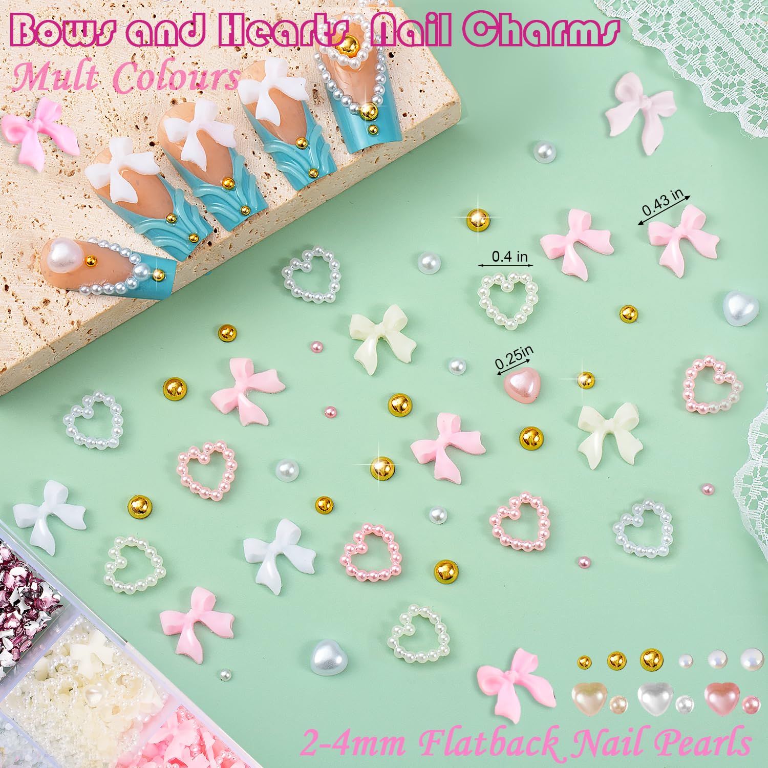 10000pcs Nail Charms and Gems:Pink Cute Bow Heart 3D Flower Charms for Junk Cases kit;Gold Chunky Butterfly Charms for Nails Design,nail jewels Diamond Rhinestones for Nails;Beads Pearls for Nails Art - Image 2