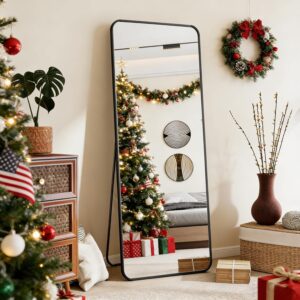 56"×21" Black Full-Length Floor Mirror with Rounded Corners, Standing or Hanging, for Bedroom or Dressing Room