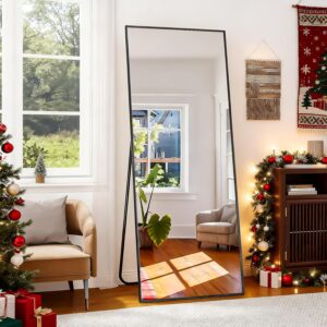 56x21 in Full-Length Floor Mirror with Stand, Black Aluminum Frame, Shatterproof Tempered Glass, Freestanding or Wall-Mount, Living Room