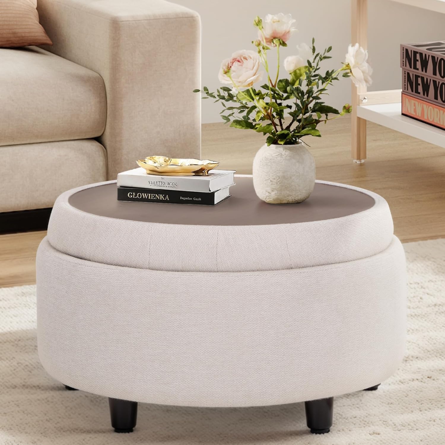 Round Fabric Storage Ottoman with Reversible Tray Lid, Footrest and Small Coffee Table (Beige)