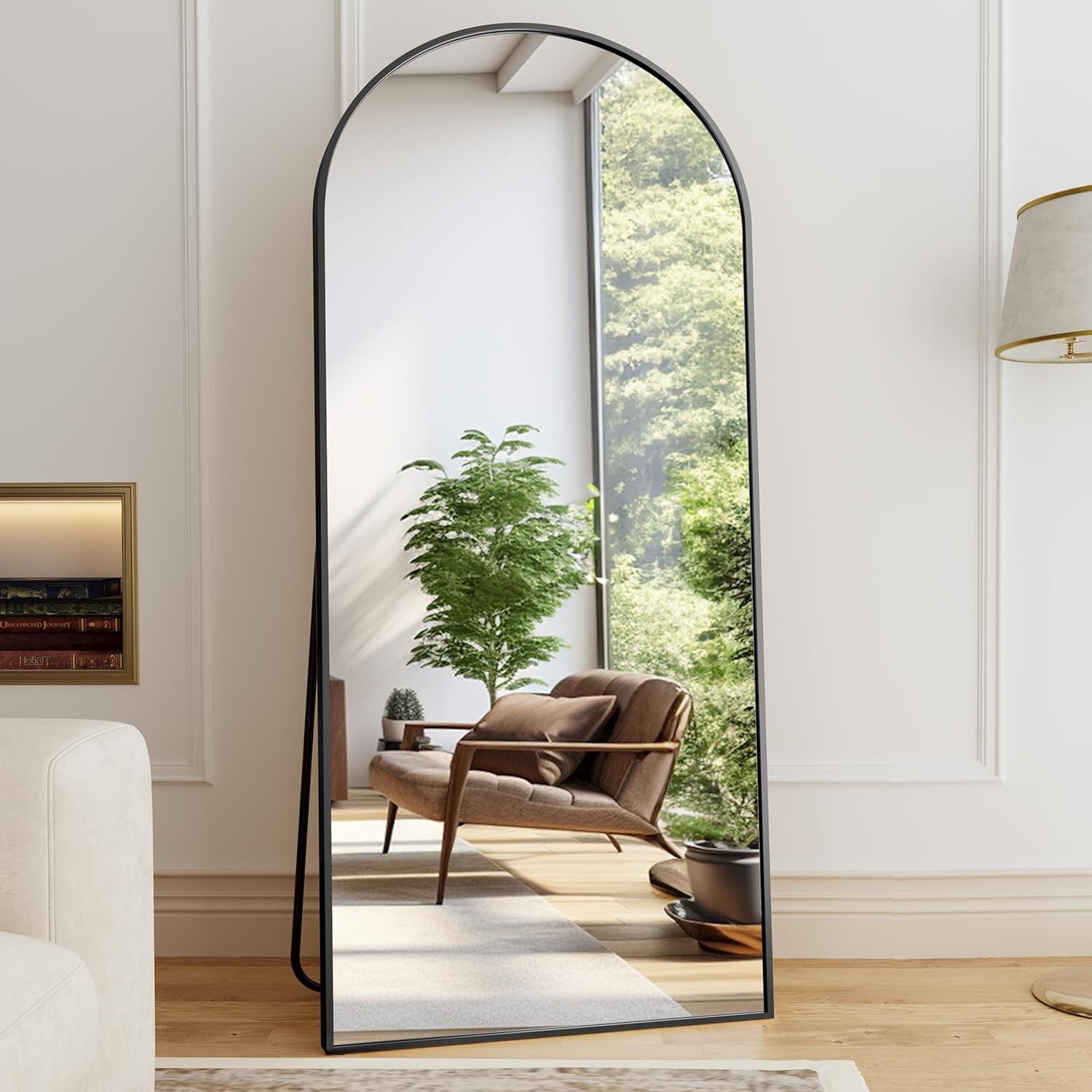 76"×34" Arched Full-Length Mirror with Stand, Hanging or Leaning, Aluminum Frame (Black)