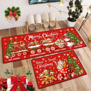 2-Piece Merry Christmas Kitchen Rug Set with Gingerbread Man Design, Washable Non-Slip Floor Mats, 17×47" + 17×30"