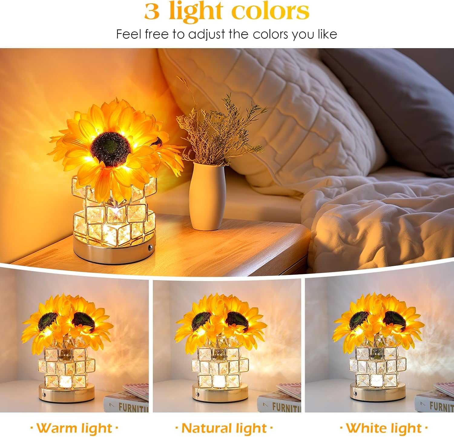 Sunflower Touch Table Lamp, Rechargeable Cordless Night Light with 3-Color Dimming - Image 3
