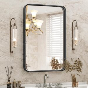 Black Metal Framed Rounded Rectangle Vanity Mirror, 30x22 in, Modern Bathroom Wall Decor, Horizontal or Vertical Hanging