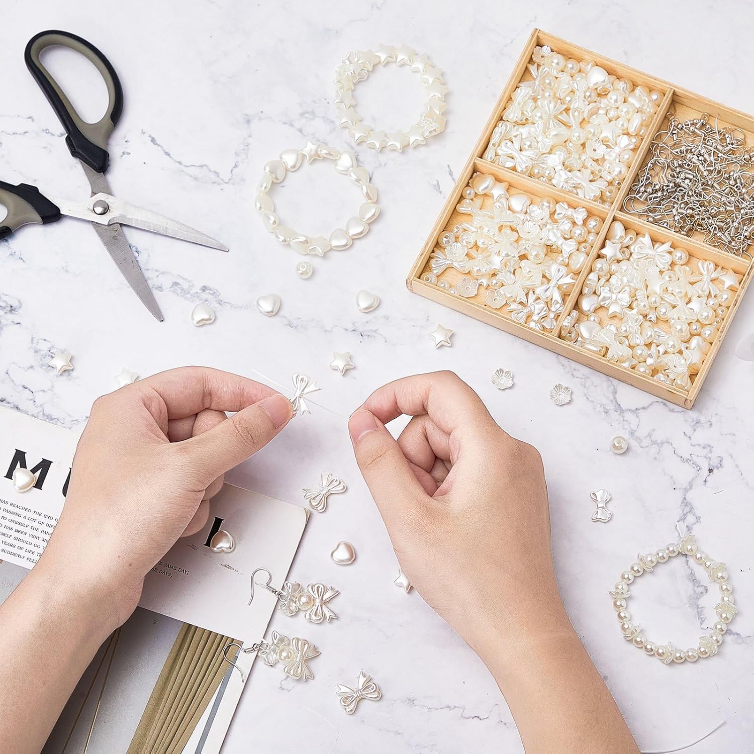 500-Piece White Imitation Pearl Beads Set with Stars, Hearts, Bows, Flowers for DIY Jewelry and Crafts - Image 2