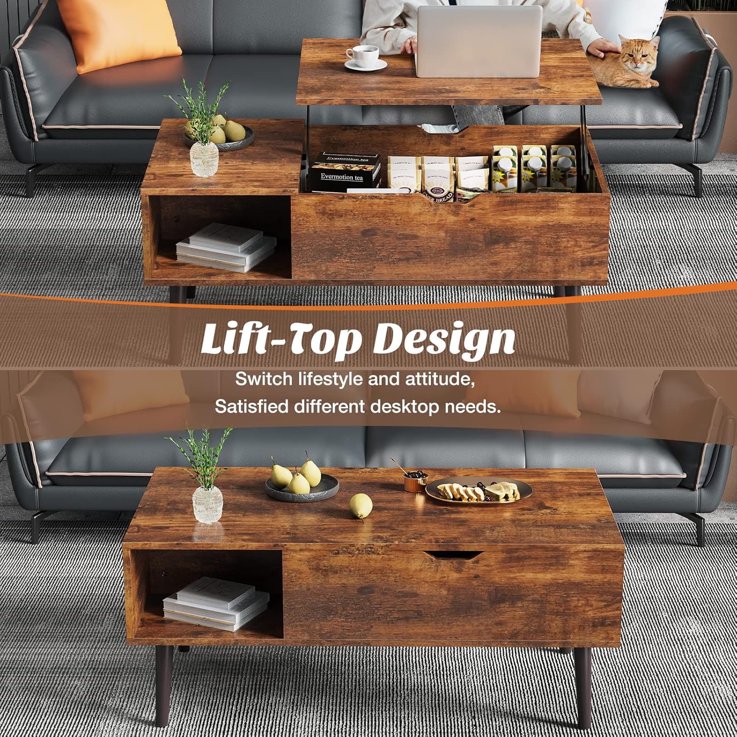 Lift Top Coffee Table with Hidden Storage and Shelf for Living Room (Brown) - Image 2