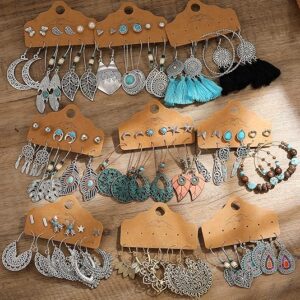 45 Pairs Vintage Silver Drop Dangle Earrings Set for Women Bohemian Bronze Waterdrop Leaf Earrings