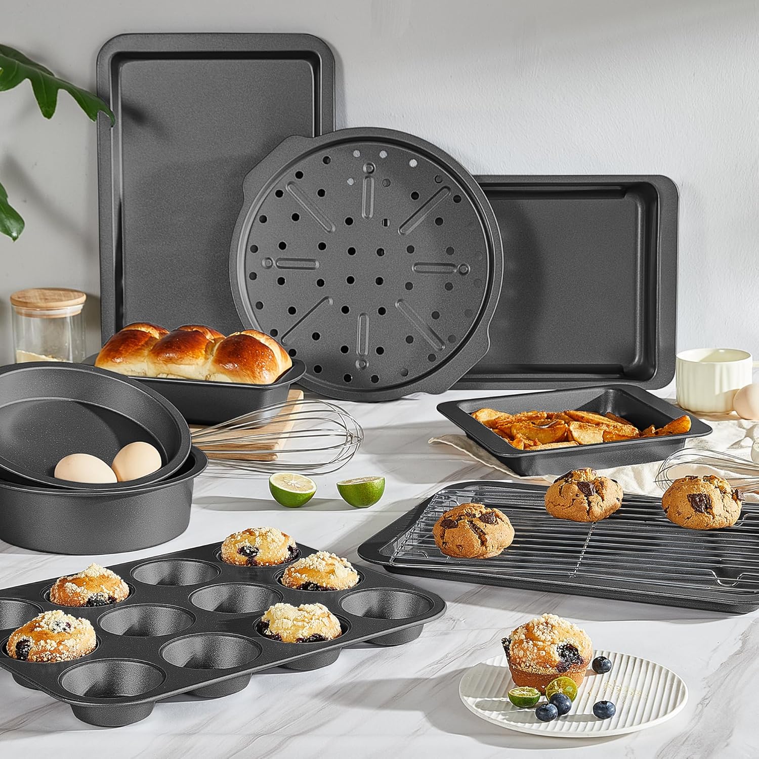 10-Piece Nonstick Baking Pan Set with Wider Grips, Oven Bakeware Including Rack, Cookie Sheet, Cake Pans, Loaf Pan, Muffin Pan, Pizza Pan – Grey - Image 3