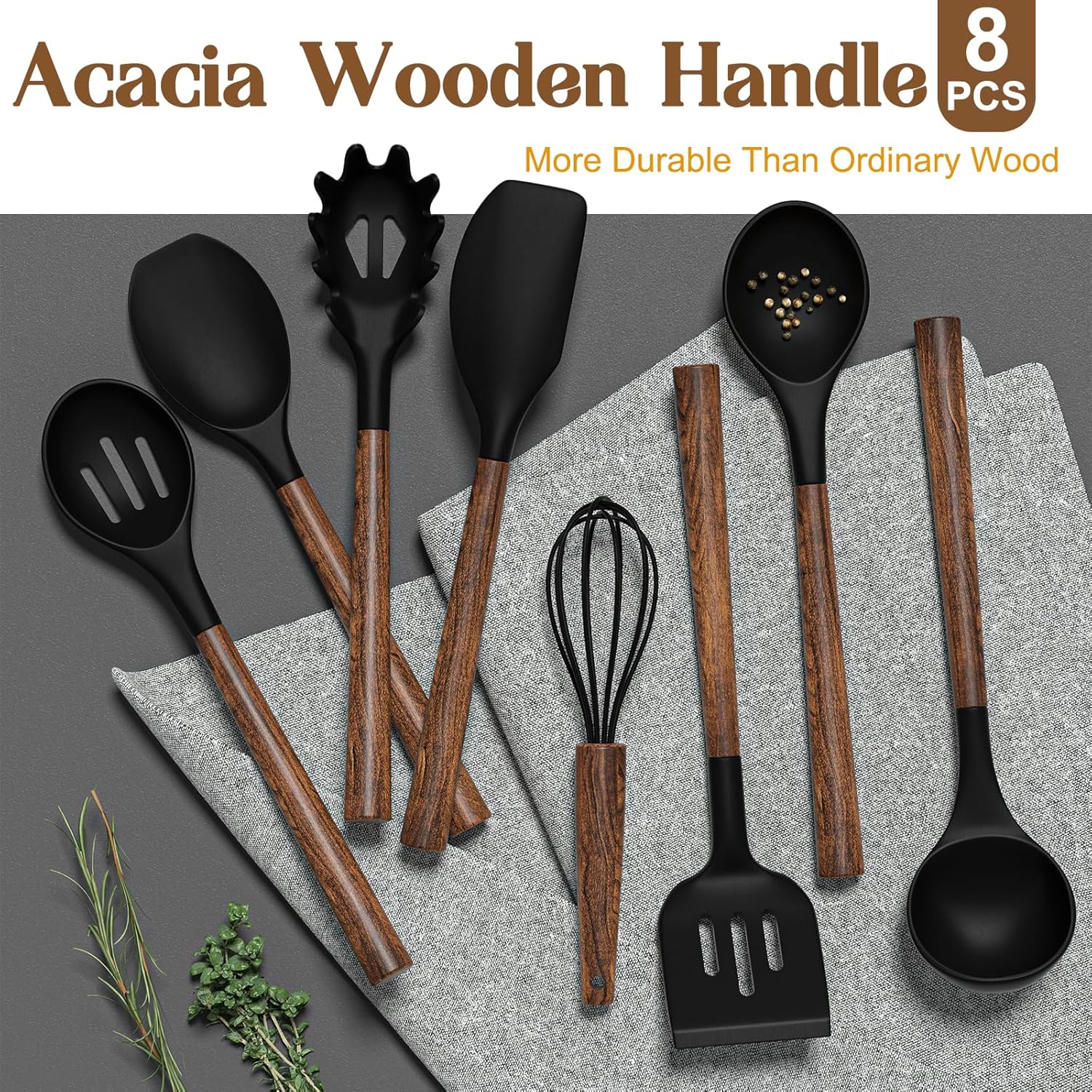 8-Piece Silicone Cooking Utensil Set with Wooden Handles for Nonstick Cookware (Black) - Image 5