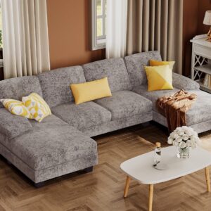 U-Shaped Sectional Sofa with Linen Fabric, 4-Seat Couch with Double Chaise (Grey)
