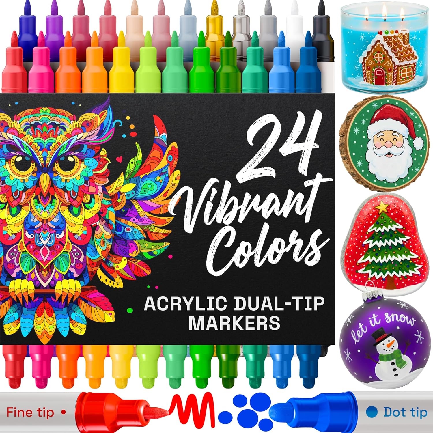 24 Acrylic Dual-Tip Paint Markers for Rock, Fabric, Wood, Glass, and Crafts