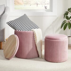 Set of 2 Round Storage Ottomans, Velvet Foot Stools for Bedroom or Living Room (Pink)