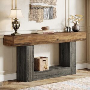 63-Inch Farmhouse Console Table, 2-Tier Narrow Entryway or Sofa Table (Vintage Brown & Gray)