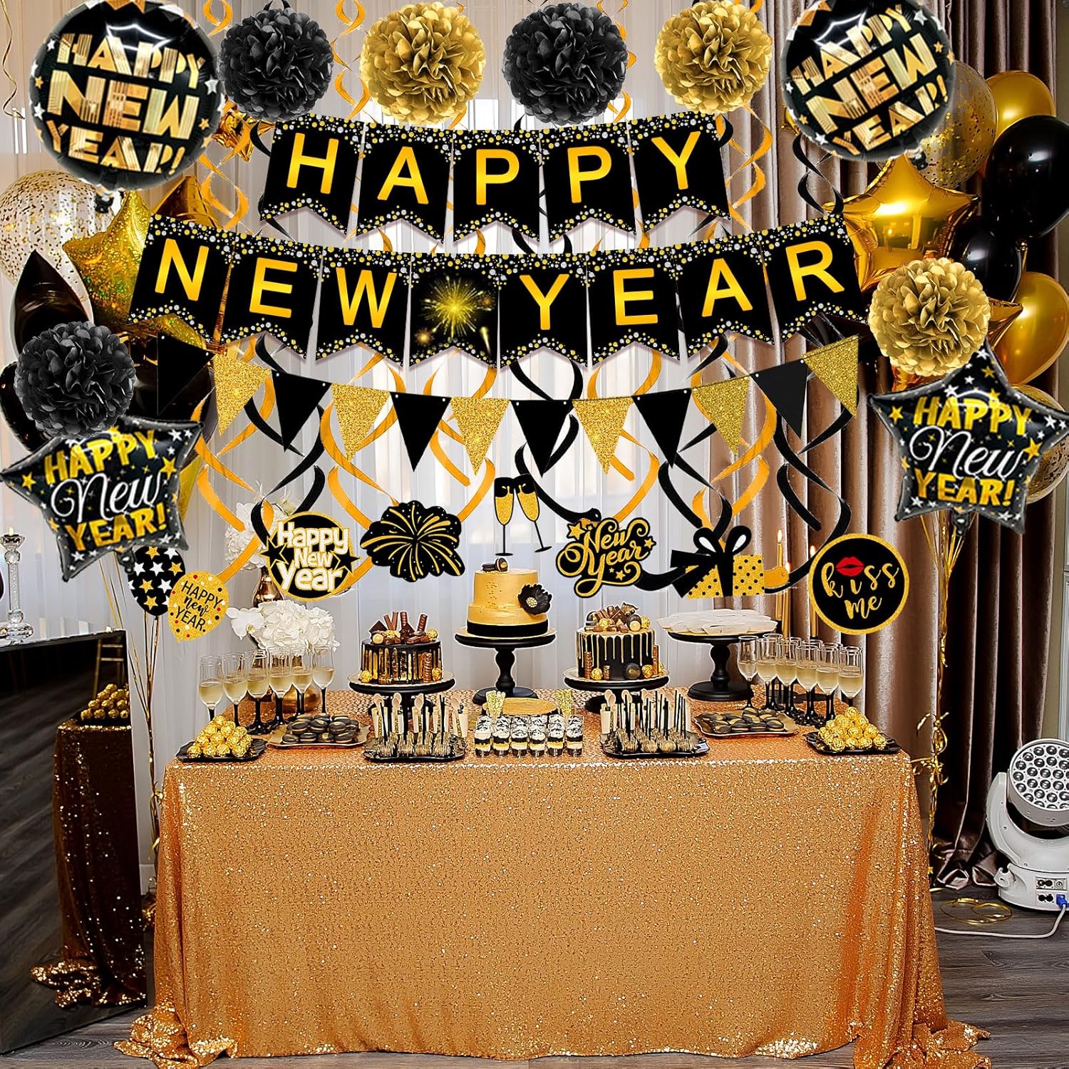 Happy New Year Party Decoration Set with Banner, Flags, Pom Poms, Streamers, and Balloons - Image 3