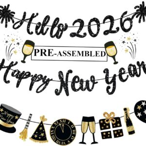2026 New Year’s Eve Black Glitter Banner, Pre-Strung Garland for Party Decorations